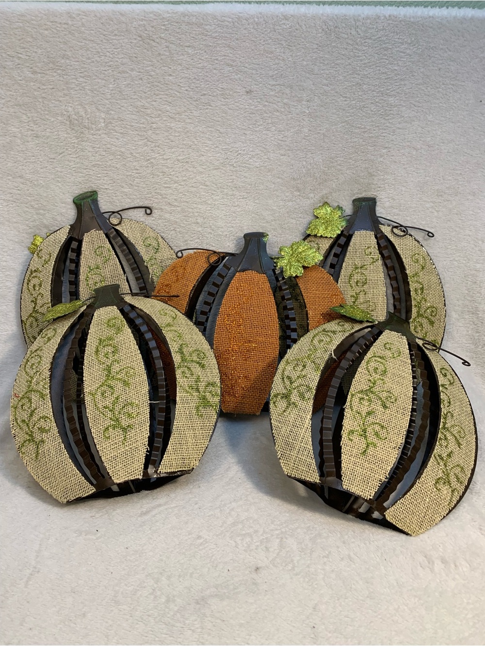 Set of 5 Metal & Fabric Rust Orange & Green Pumpkin Table Accent - Home Accents - Picture 2 of 8